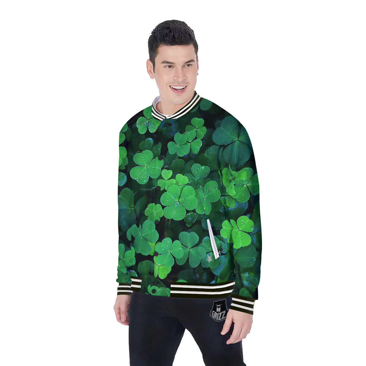 St. Patrick's Day Shamrock Clover Print Baseball Jacket-grizzshop