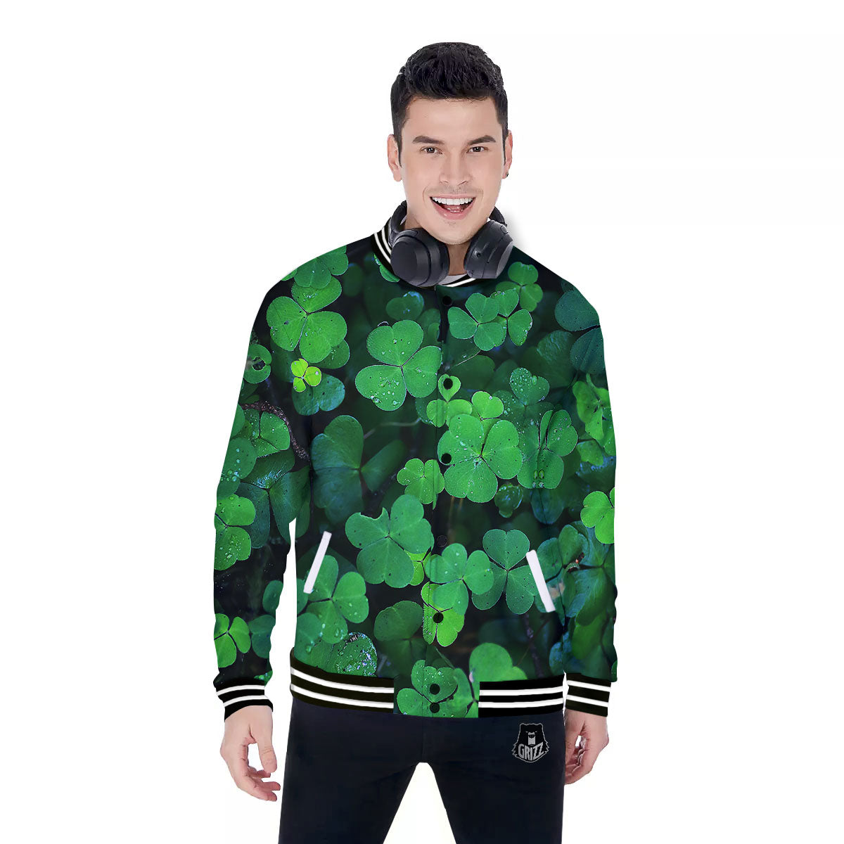 St. Patrick's Day Shamrock Clover Print Baseball Jacket-grizzshop