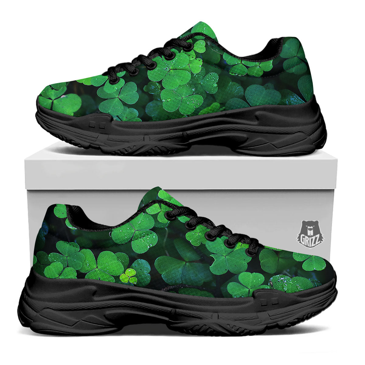 St. Patrick's Day Shamrock Clover Print Black Chunky Shoes-grizzshop