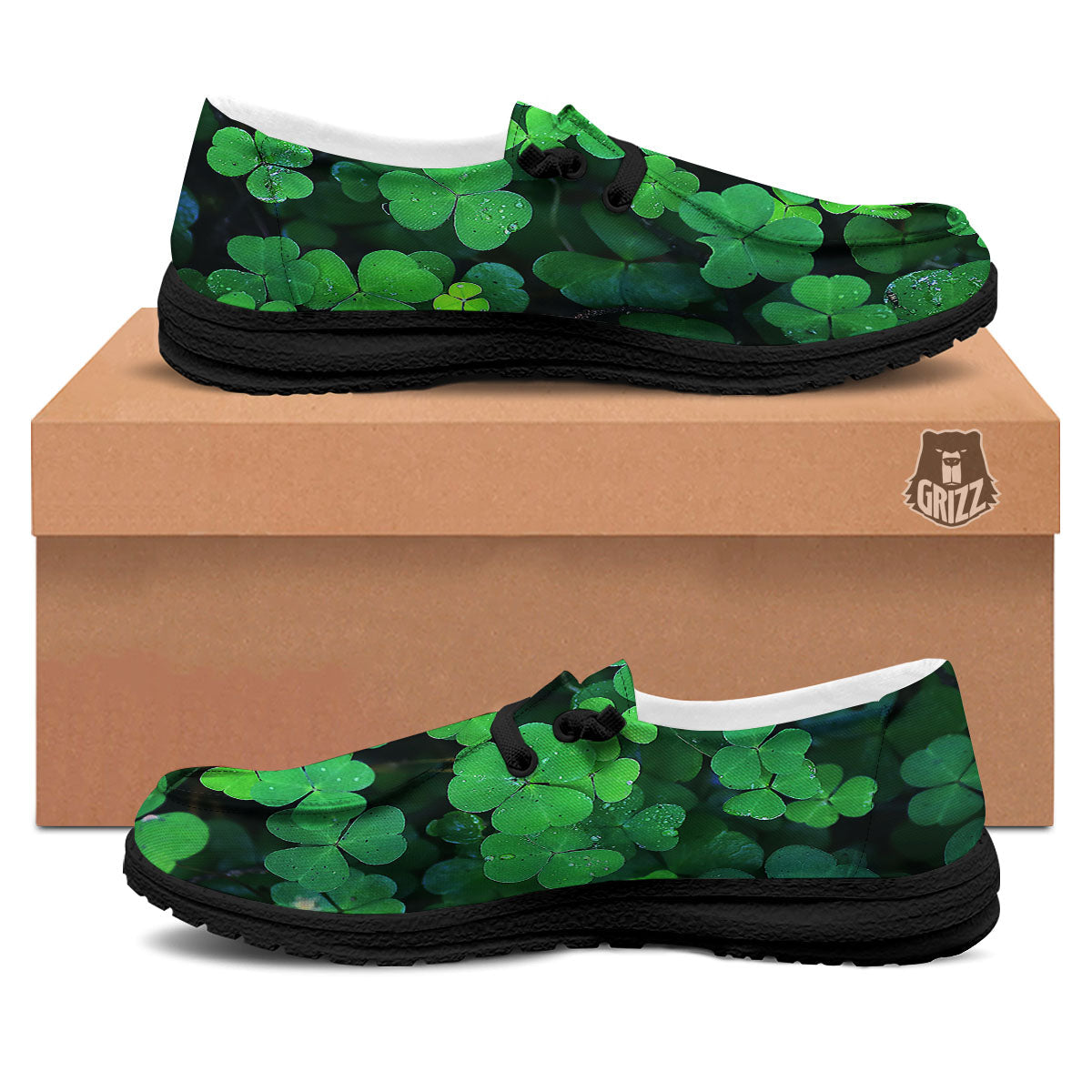 St. Patrick's Day Shamrock Clover Print Black Loafers-grizzshop