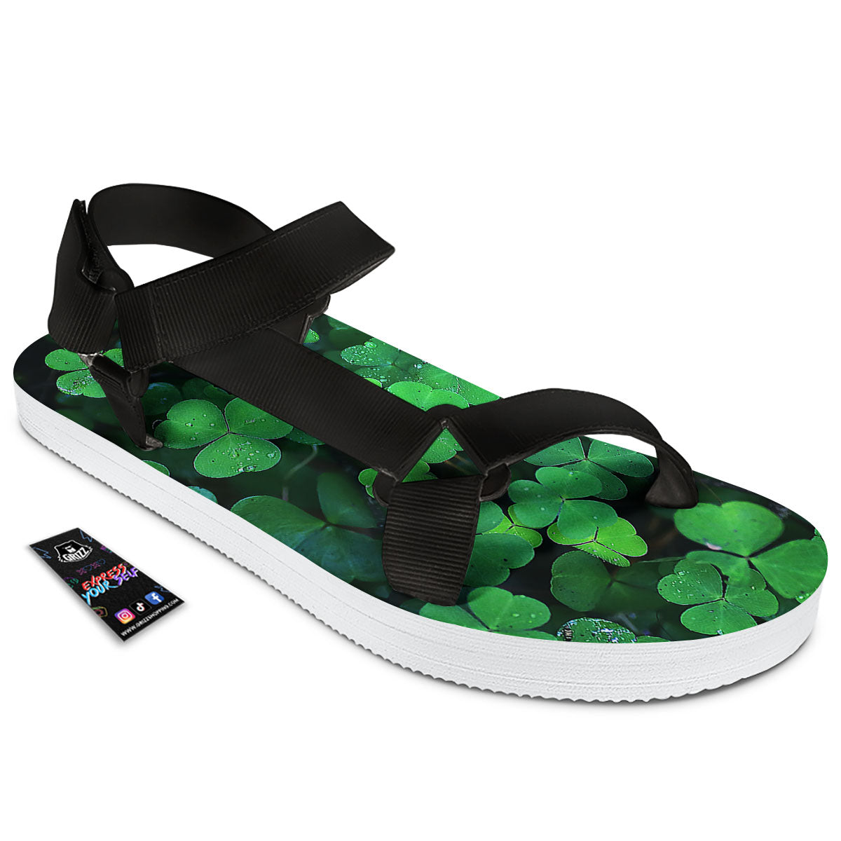 St. Patrick's Day Shamrock Clover Print Black Open Toe Sandals-grizzshop