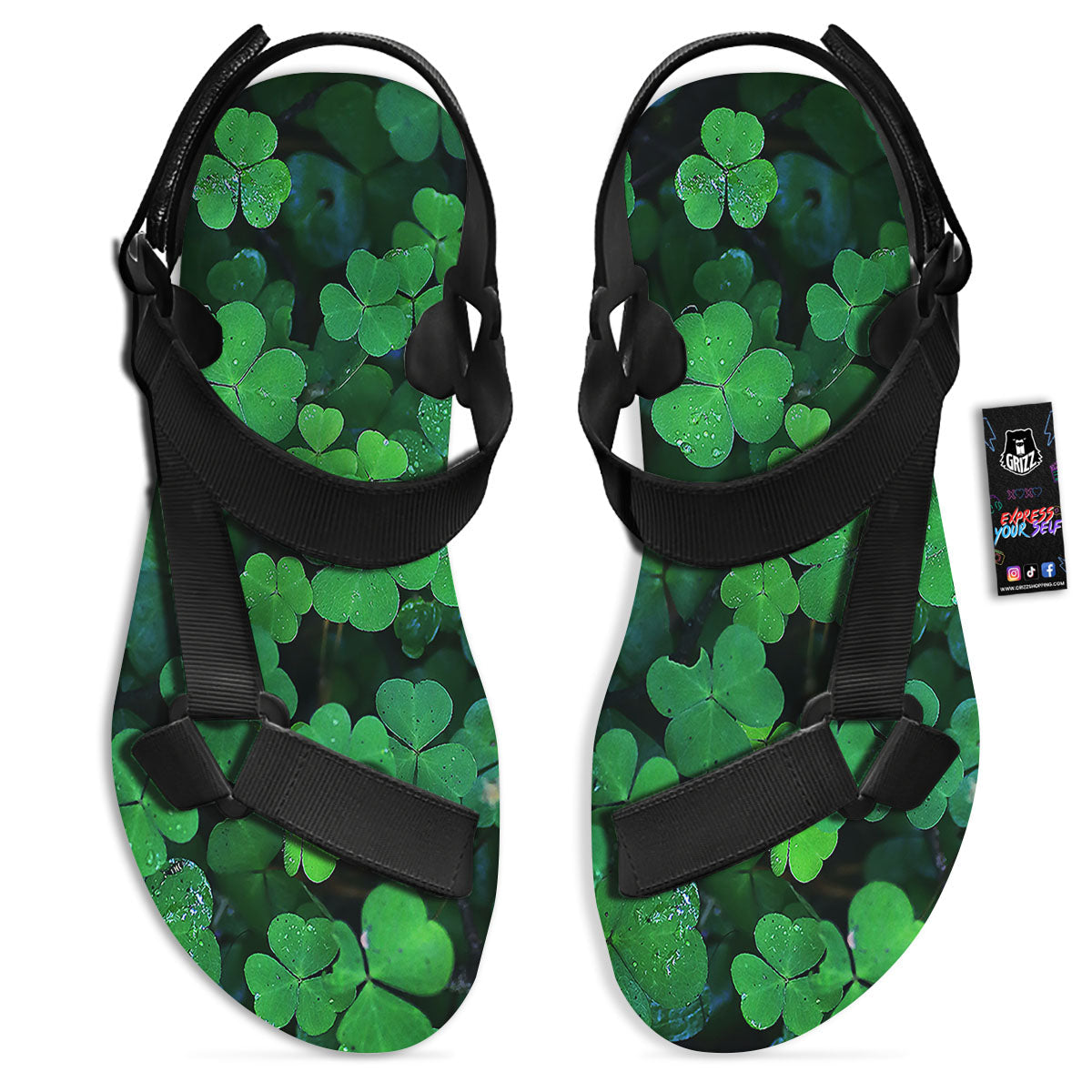 St. Patrick's Day Shamrock Clover Print Black Open Toe Sandals-grizzshop