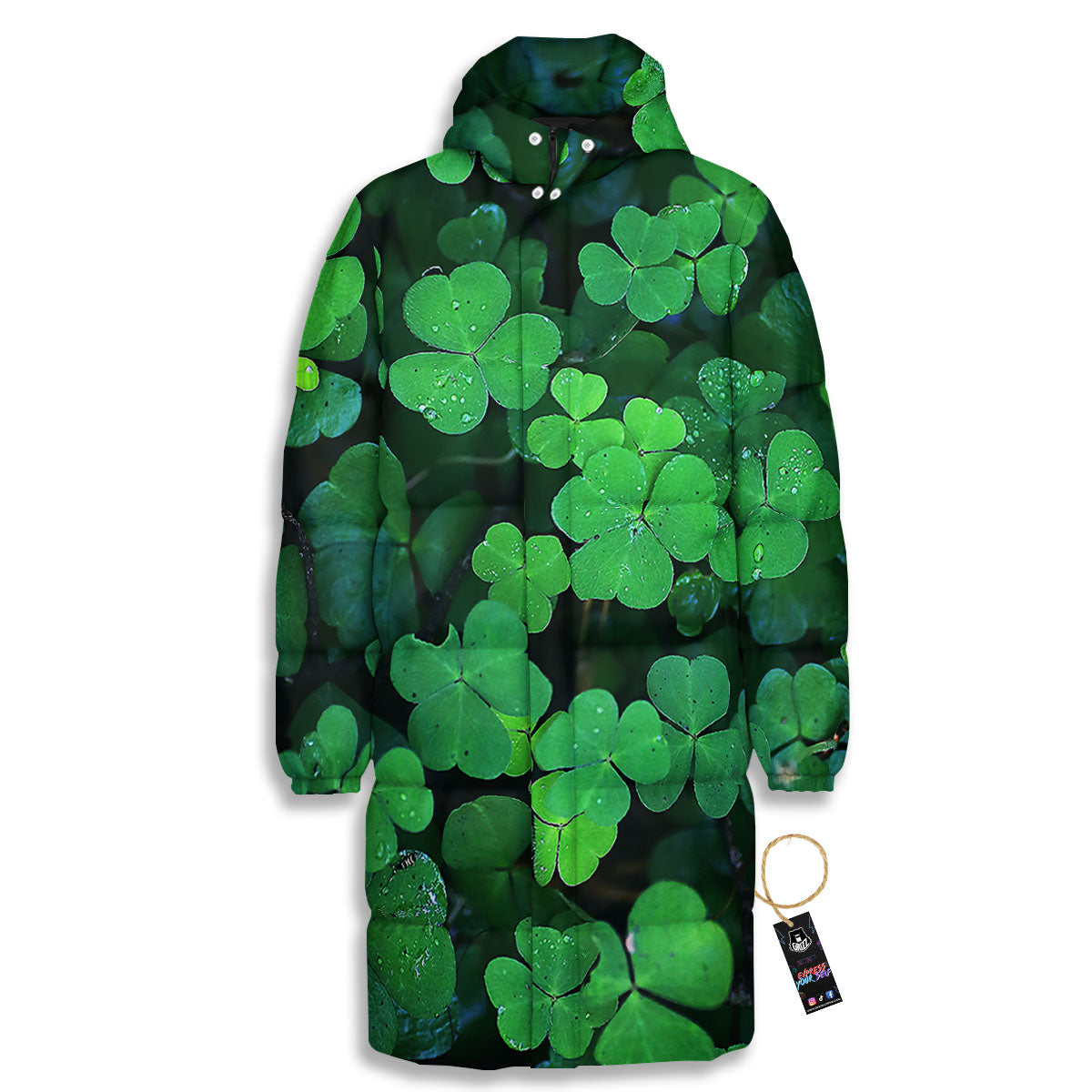 St. Patrick's Day Shamrock Clover Print Long Down Jacket-grizzshop