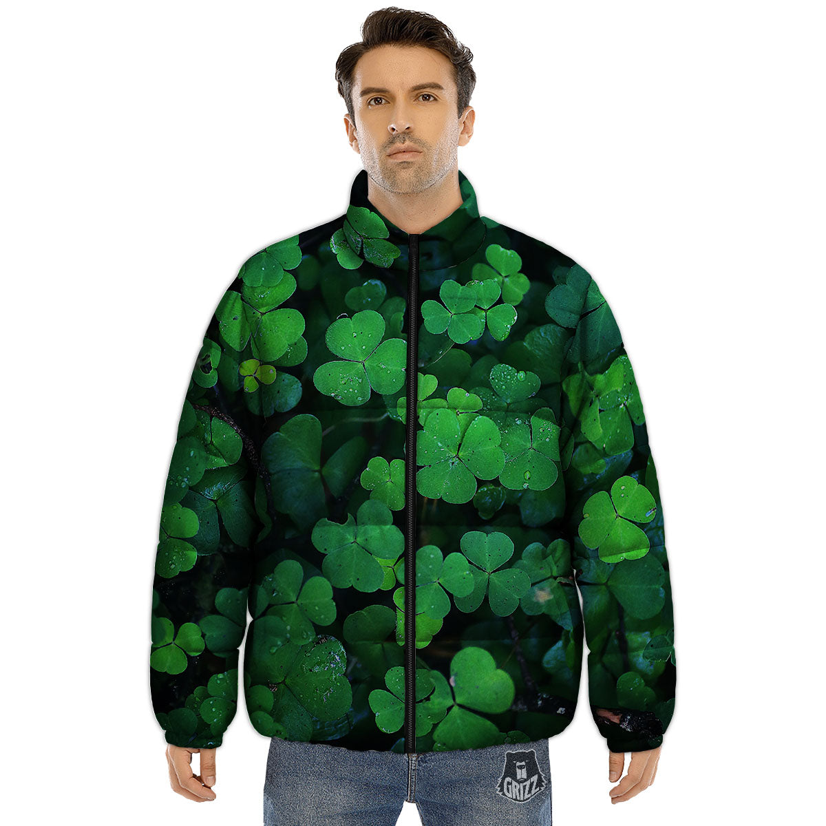 St. Patrick's Day Shamrock Clover Print Puffer Jacket-grizzshop