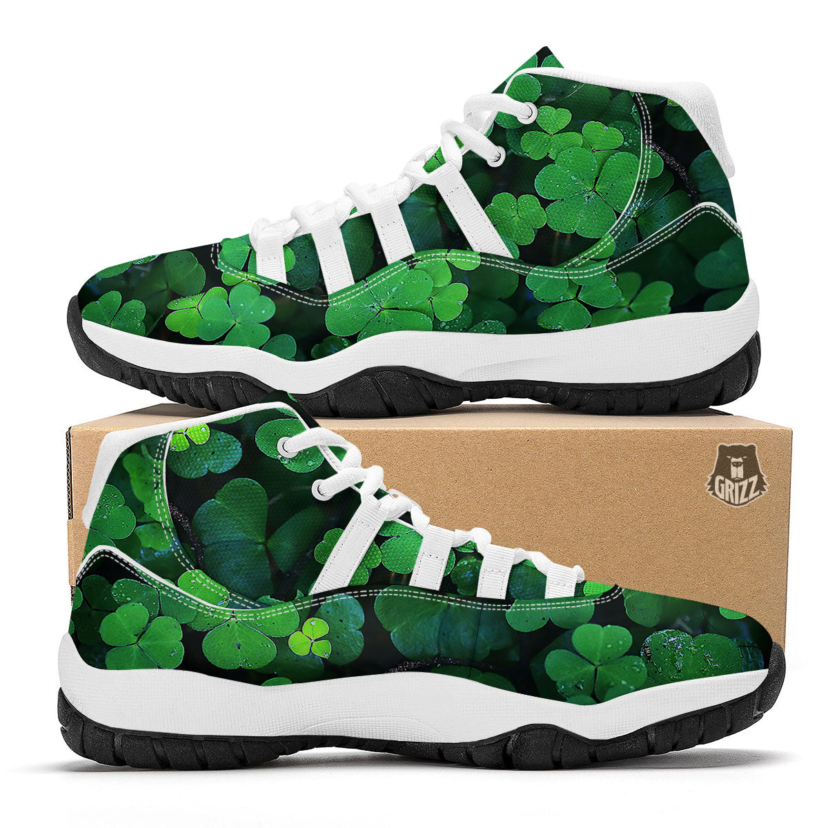 St. Patrick's Day Shamrock Clover Print White Bball Shoes-grizzshop