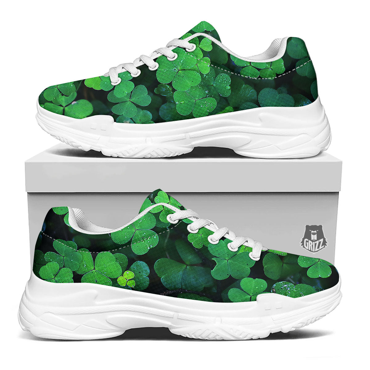 St. Patrick's Day Shamrock Clover Print White Chunky Shoes-grizzshop