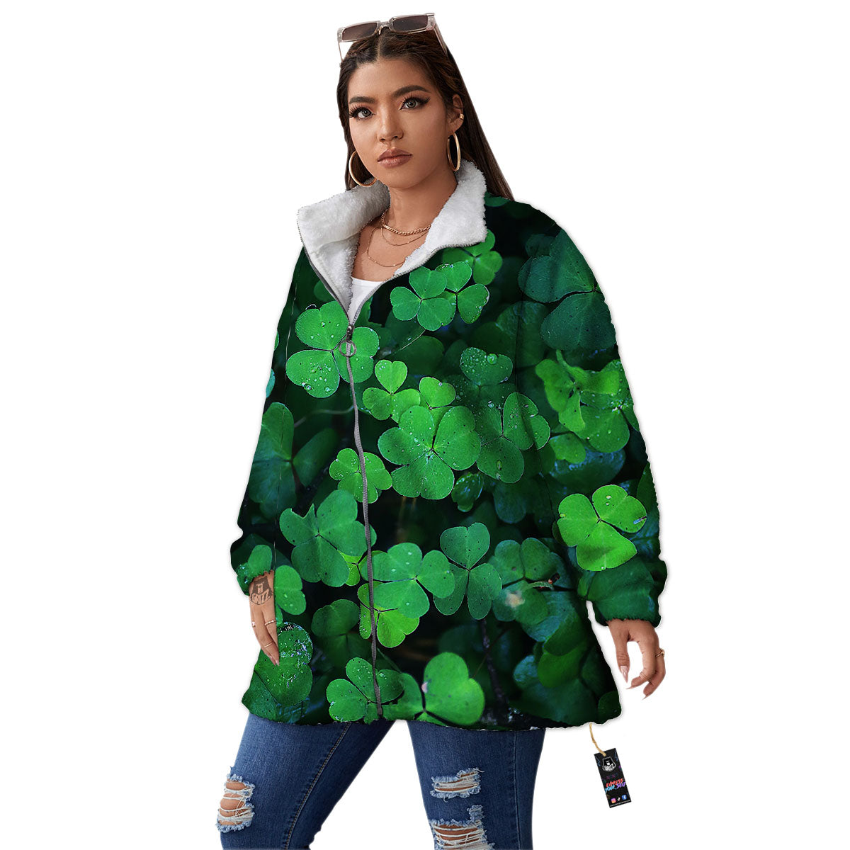 St. Patrick's Day Shamrock Clover Print Women's Sherpa Jacket-grizzshop