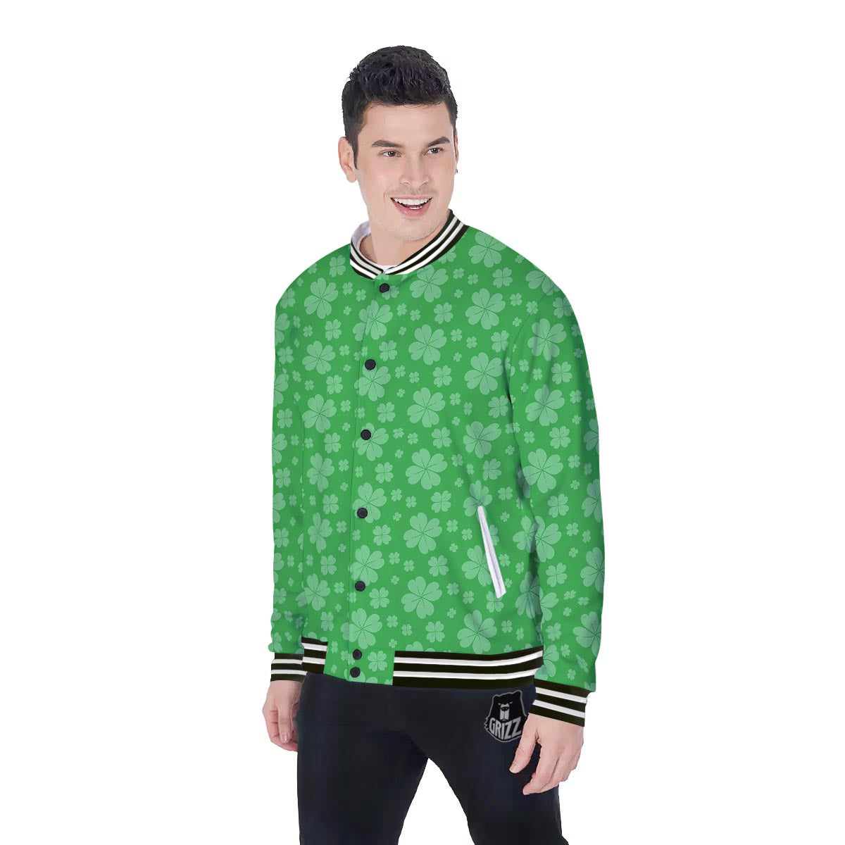St. Patrick's Day Shamrock Leaf Print Pattern Baseball Jacket-grizzshop