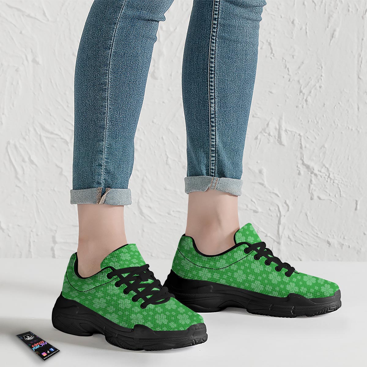 St. Patrick's Day Shamrock Leaf Print Pattern Black Chunky Shoes-grizzshop