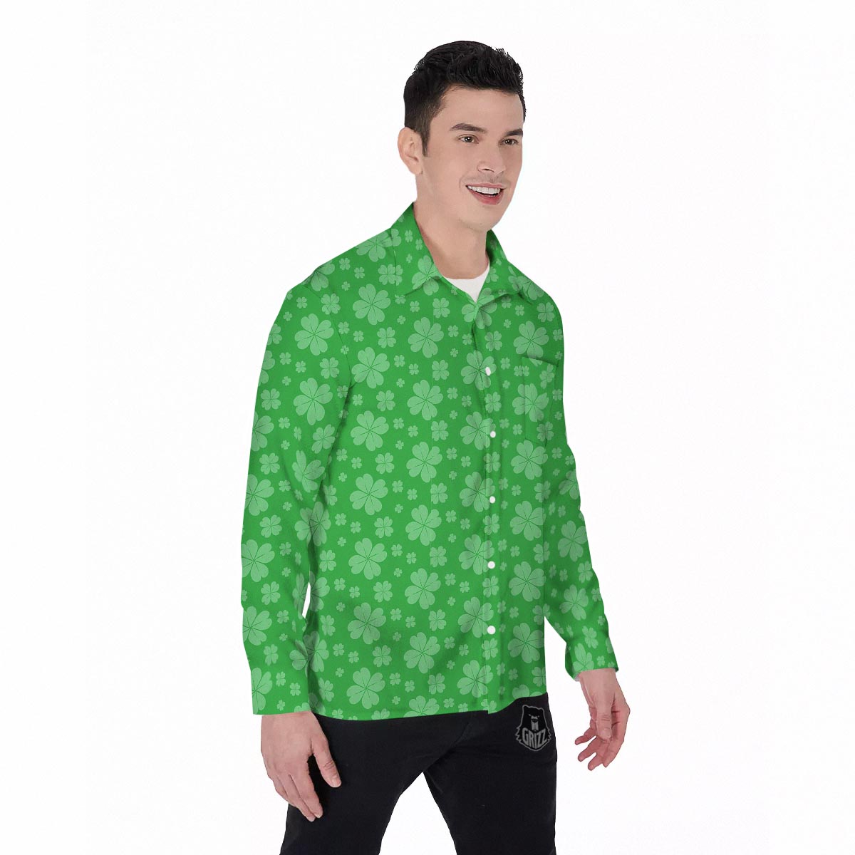 St. Patrick's Day Shamrock Leaf Print Pattern Men's Long Sleeve Shirts-grizzshop