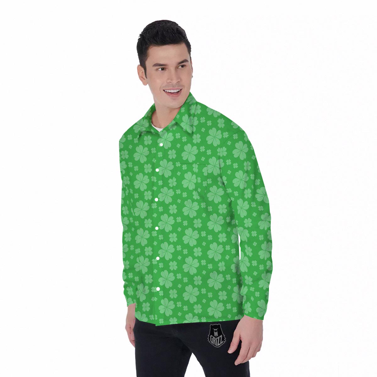 St. Patrick's Day Shamrock Leaf Print Pattern Men's Long Sleeve Shirts-grizzshop