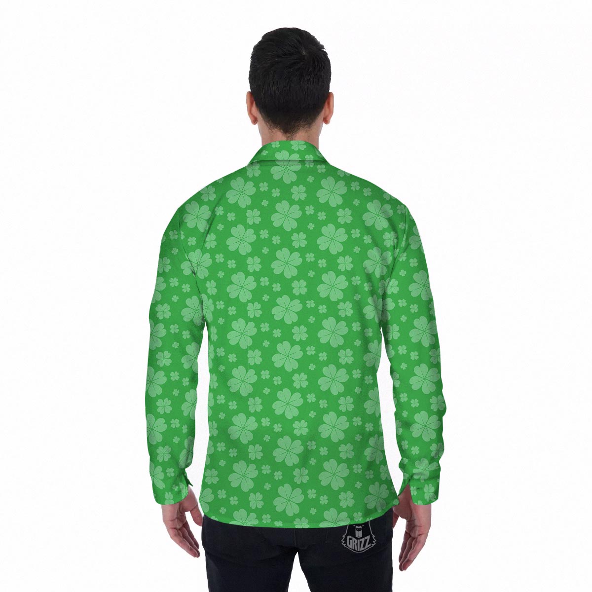 St. Patrick's Day Shamrock Leaf Print Pattern Men's Long Sleeve Shirts-grizzshop