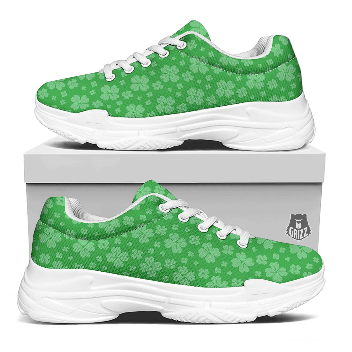 St. Patrick's Day Shamrock Leaf Print Pattern White Chunky Shoes-grizzshop