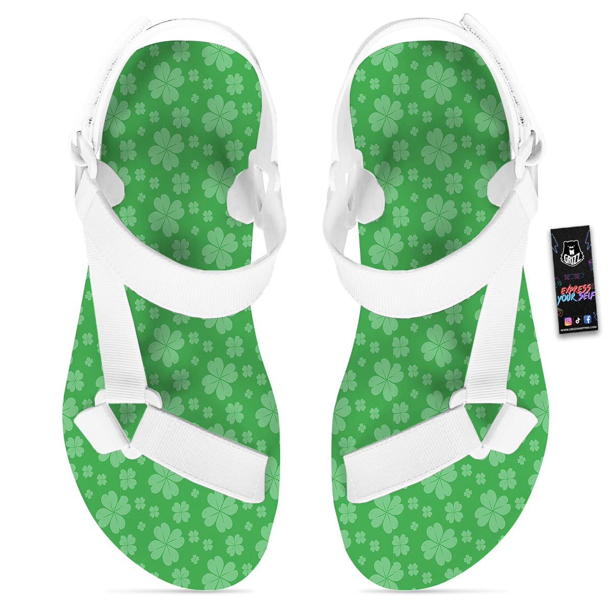 St. Patrick's Day Shamrock Leaf Print Pattern White Open Toe Sandals-grizzshop