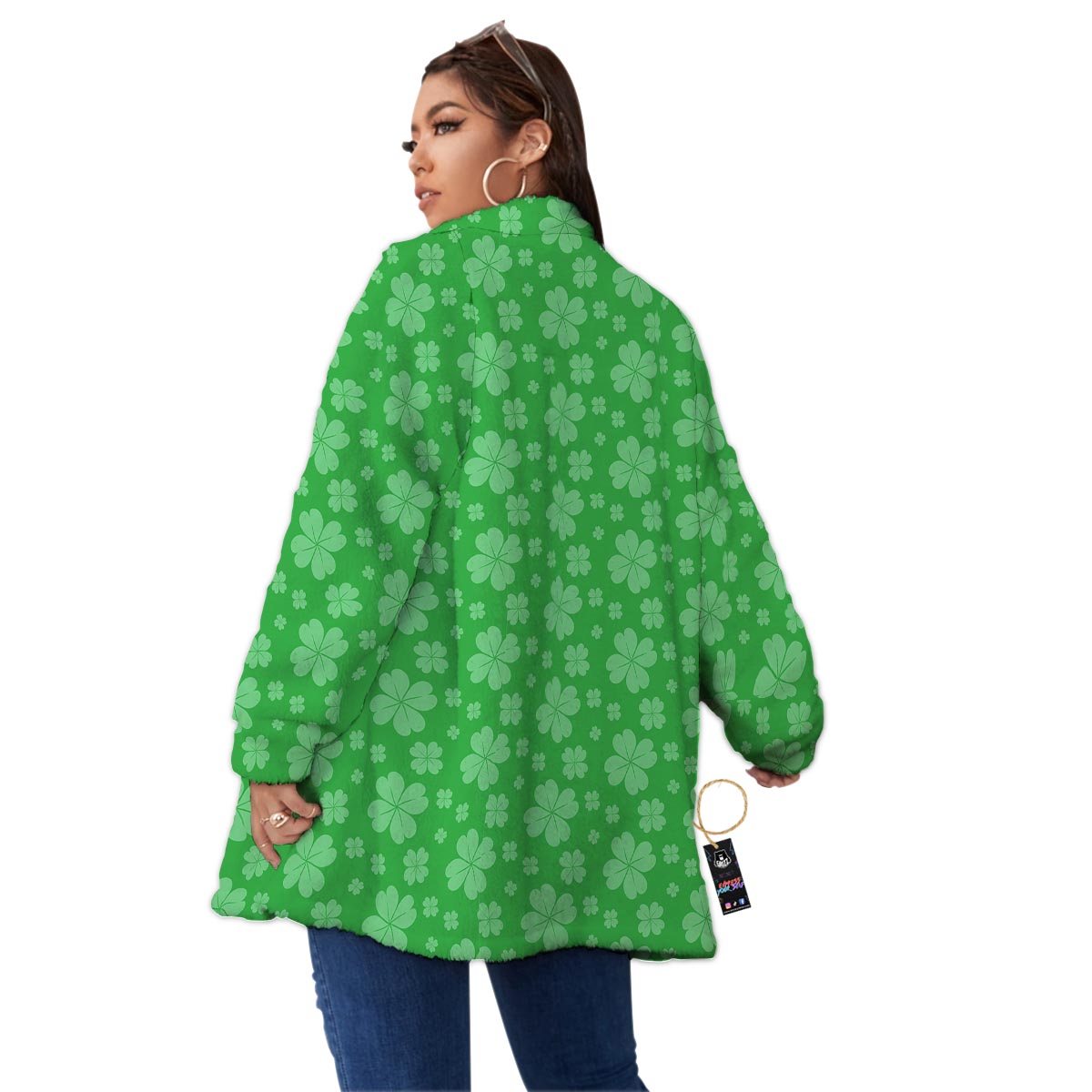 St. Patrick's Day Shamrock Leaf Print Pattern Women's Sherpa Jacket-grizzshop