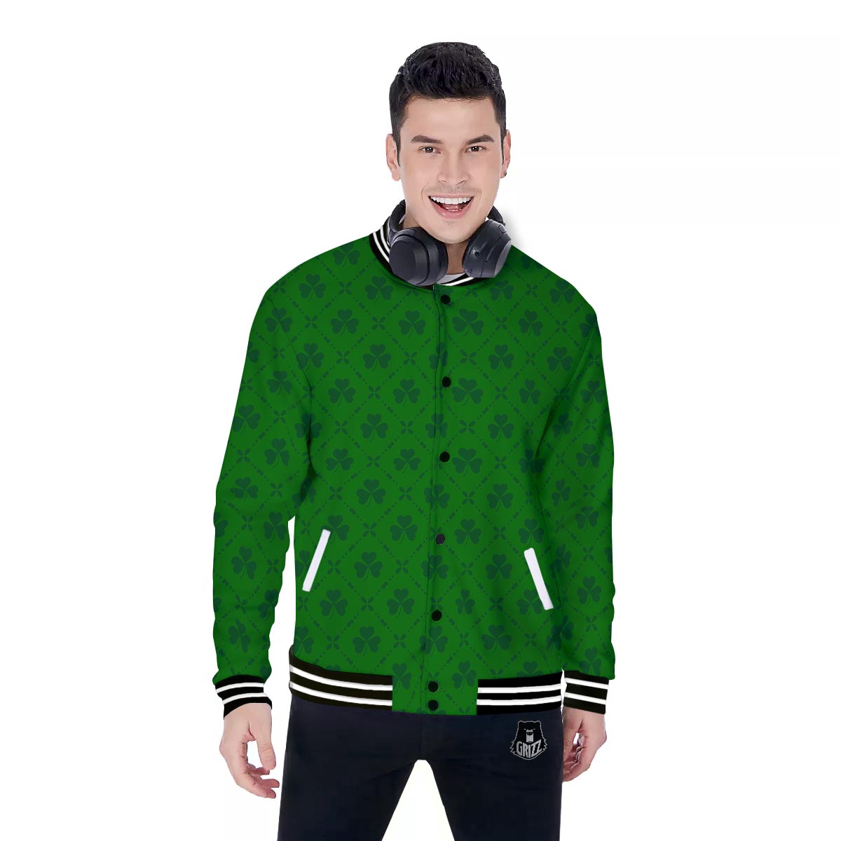 St. Patrick's Day Shamrock Print Pattern Baseball Jacket-grizzshop