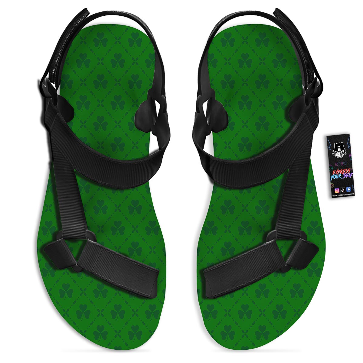 St. Patrick's Day Shamrock Print Pattern Black Open Toe Sandals-grizzshop