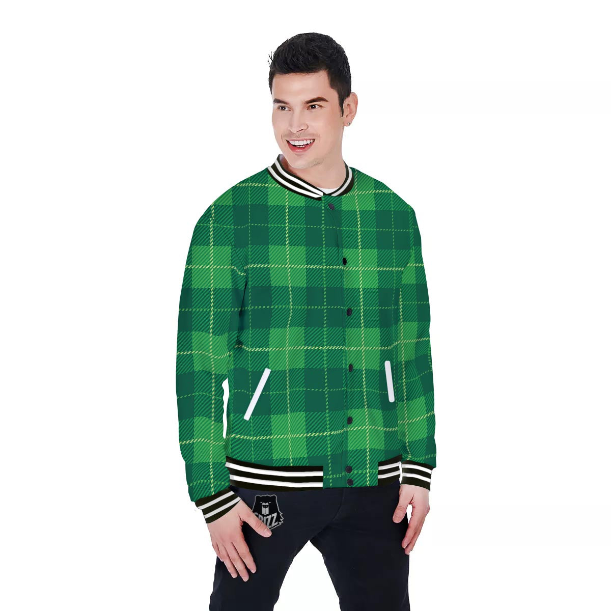 St. Patrick's Day Shamrock Tartan Print Pattern Baseball Jacket-grizzshop