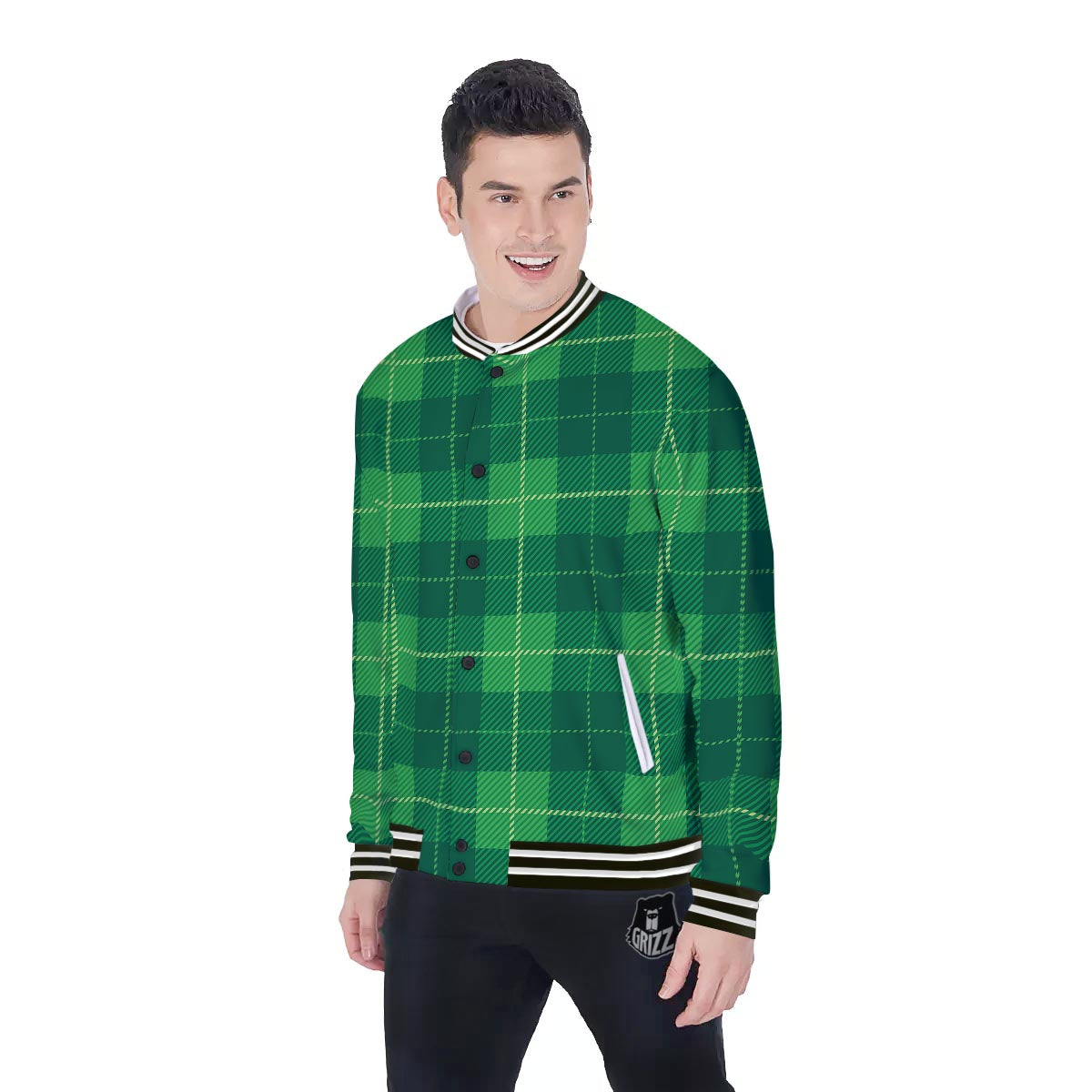 St. Patrick's Day Shamrock Tartan Print Pattern Baseball Jacket-grizzshop