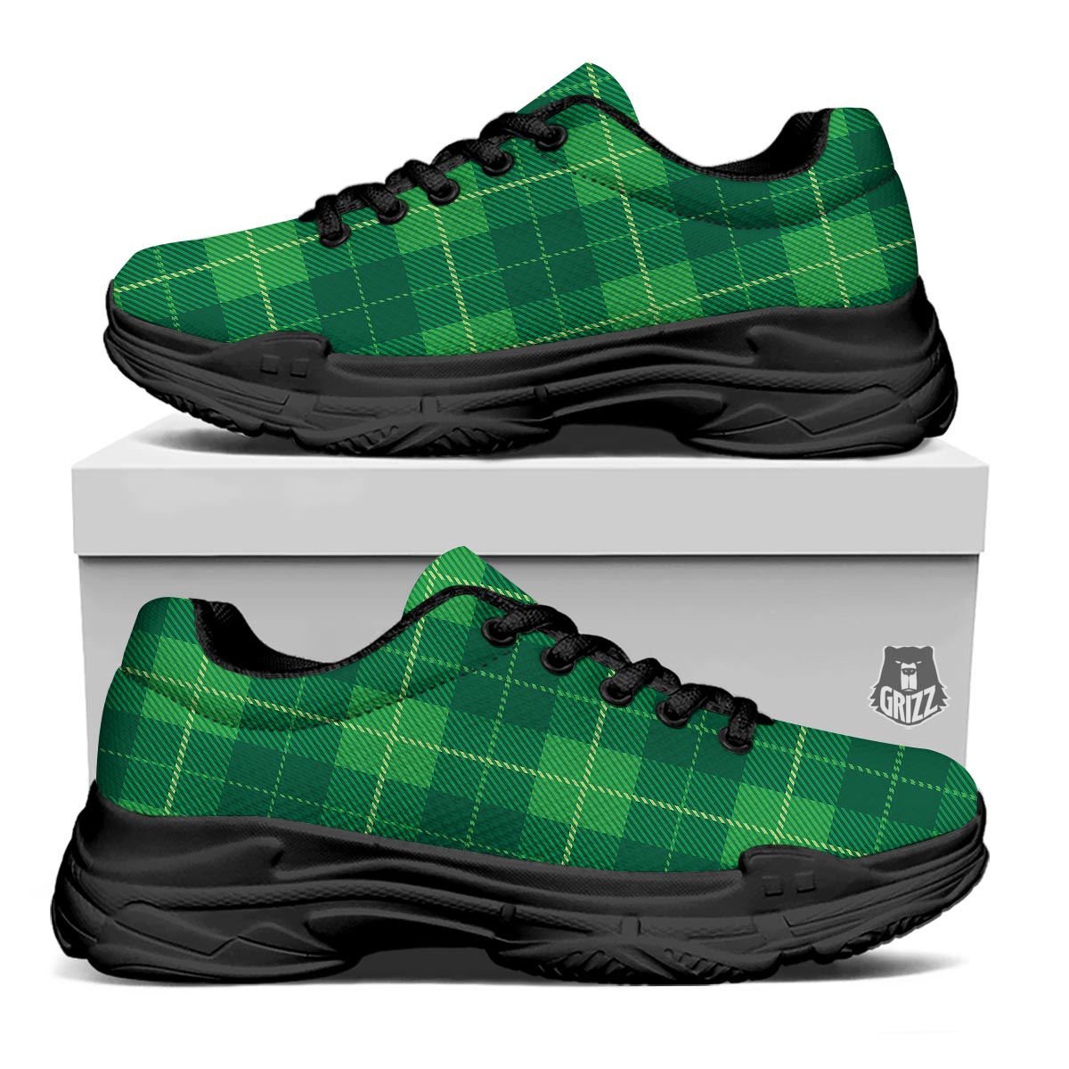 St. Patrick's Day Shamrock Tartan Print Pattern Black Chunky Shoes-grizzshop