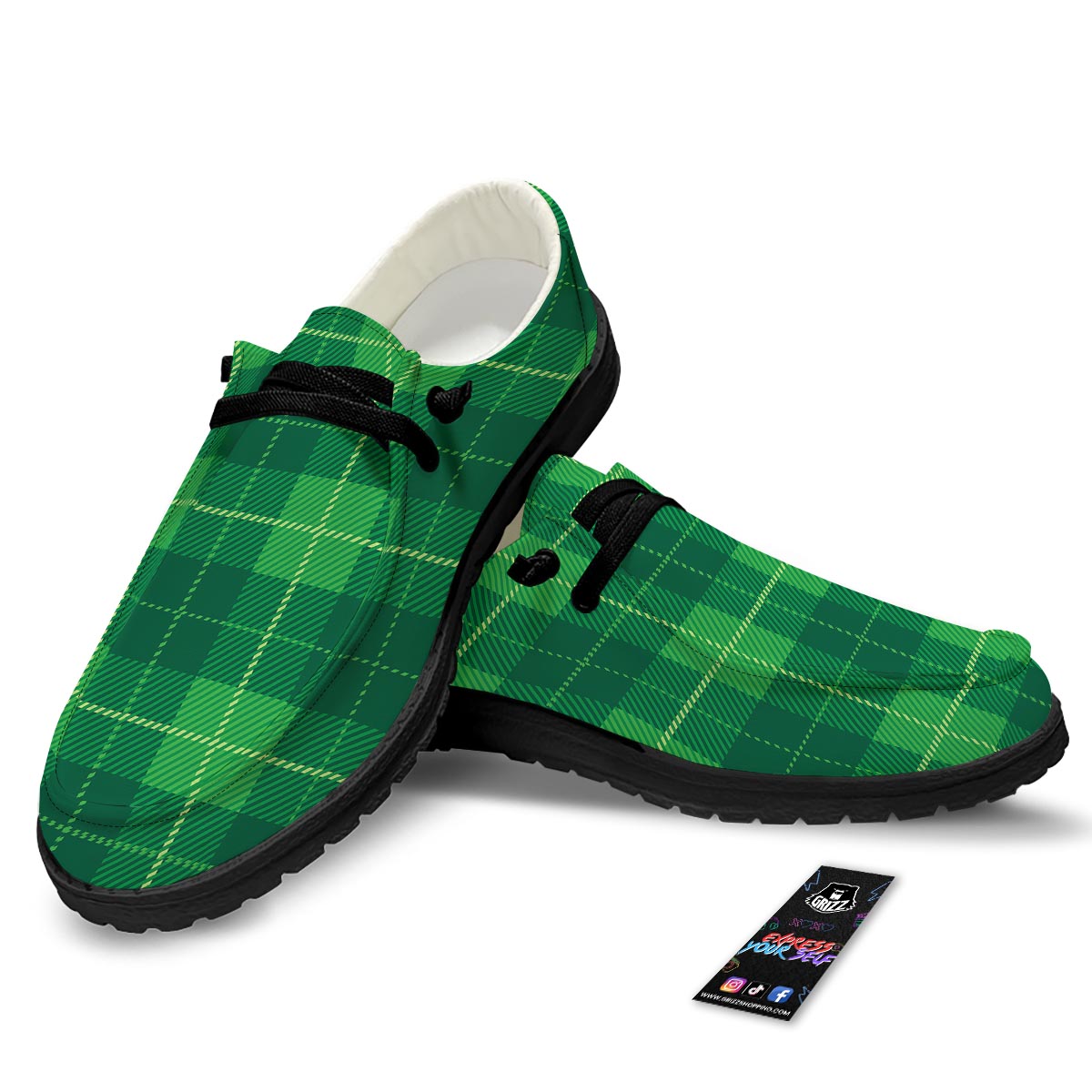 St. Patrick's Day Shamrock Tartan Print Pattern Black Loafers-grizzshop