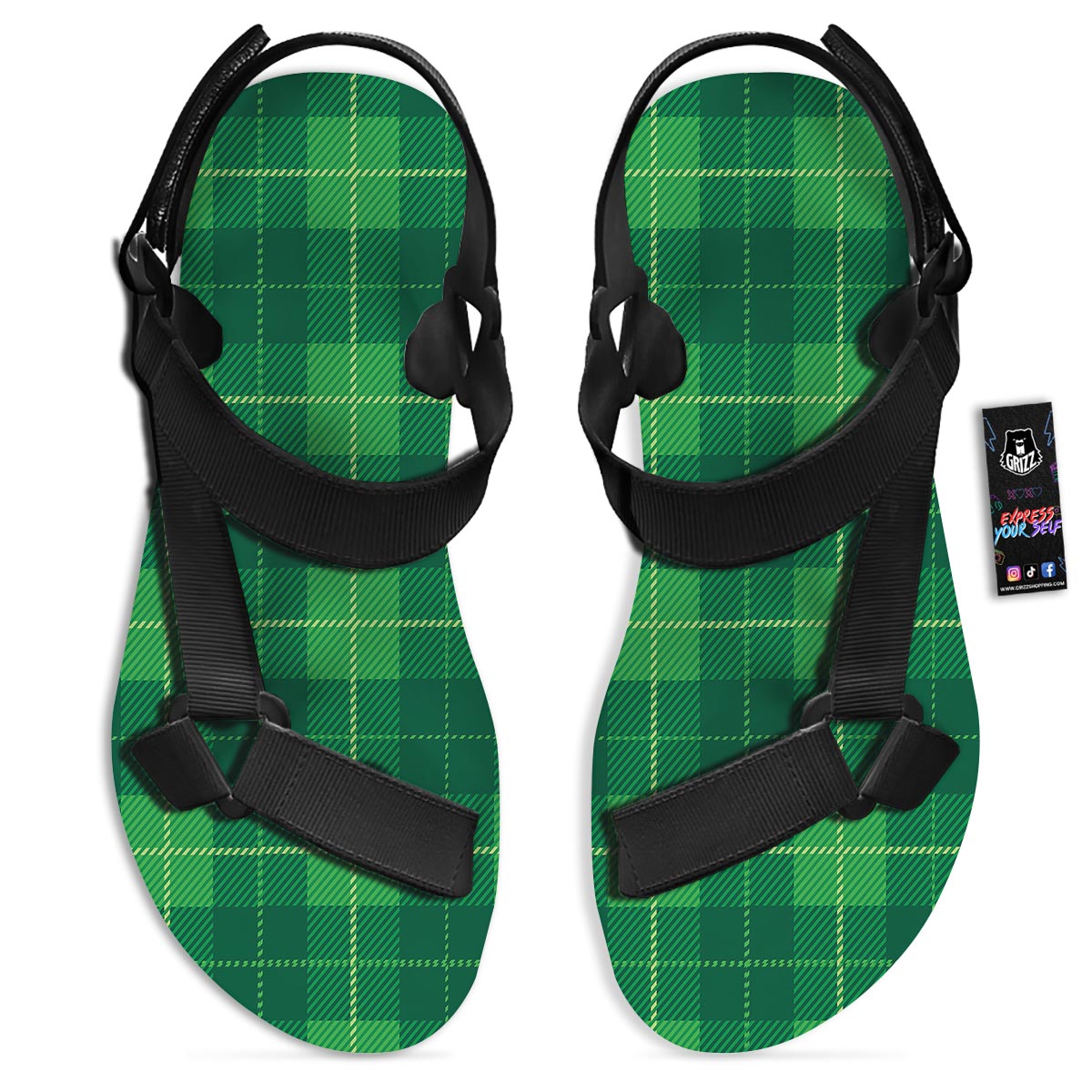 St. Patrick's Day Shamrock Tartan Print Pattern Black Open Toe Sandals-grizzshop