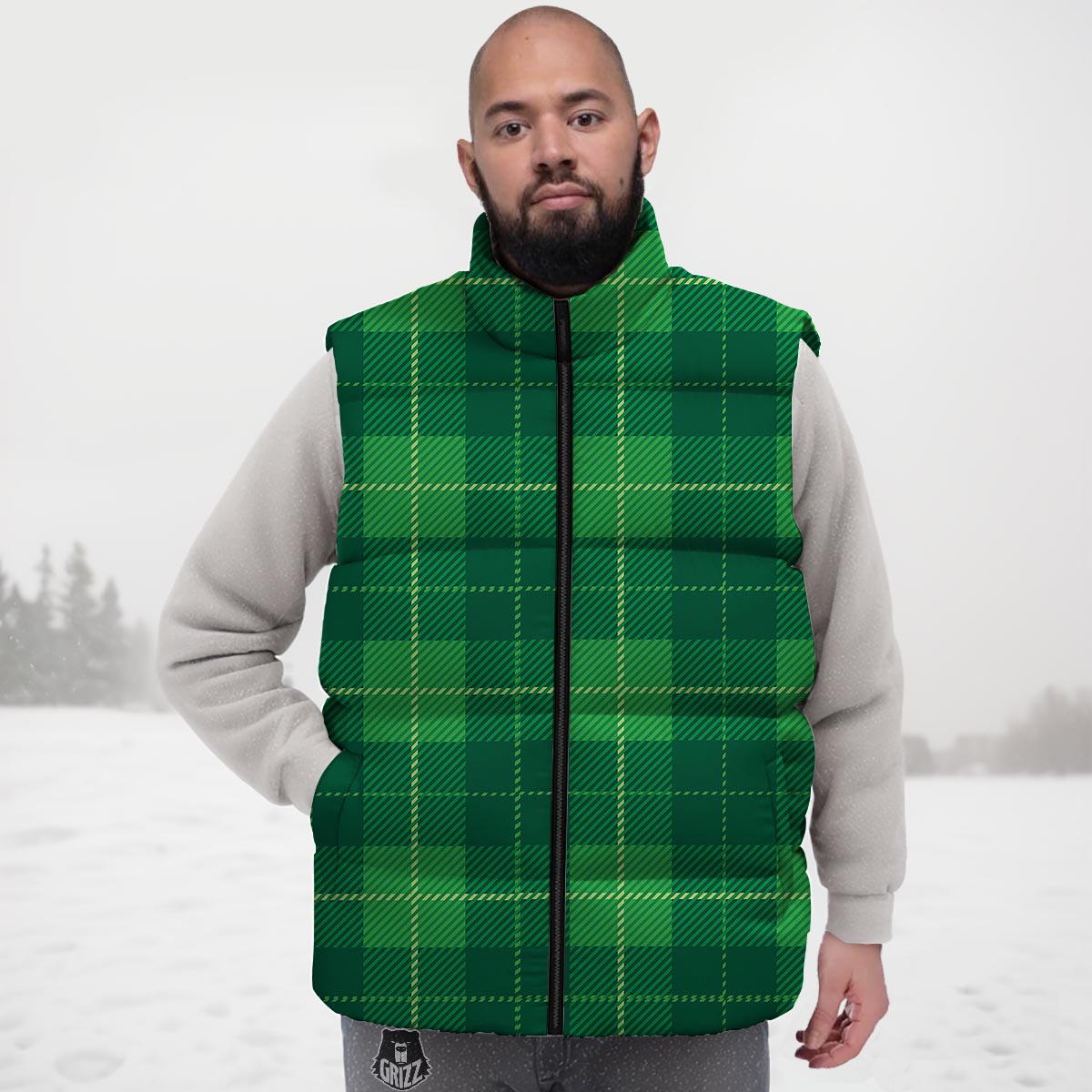 St. Patrick's Day Shamrock Tartan Print Pattern Down Vest