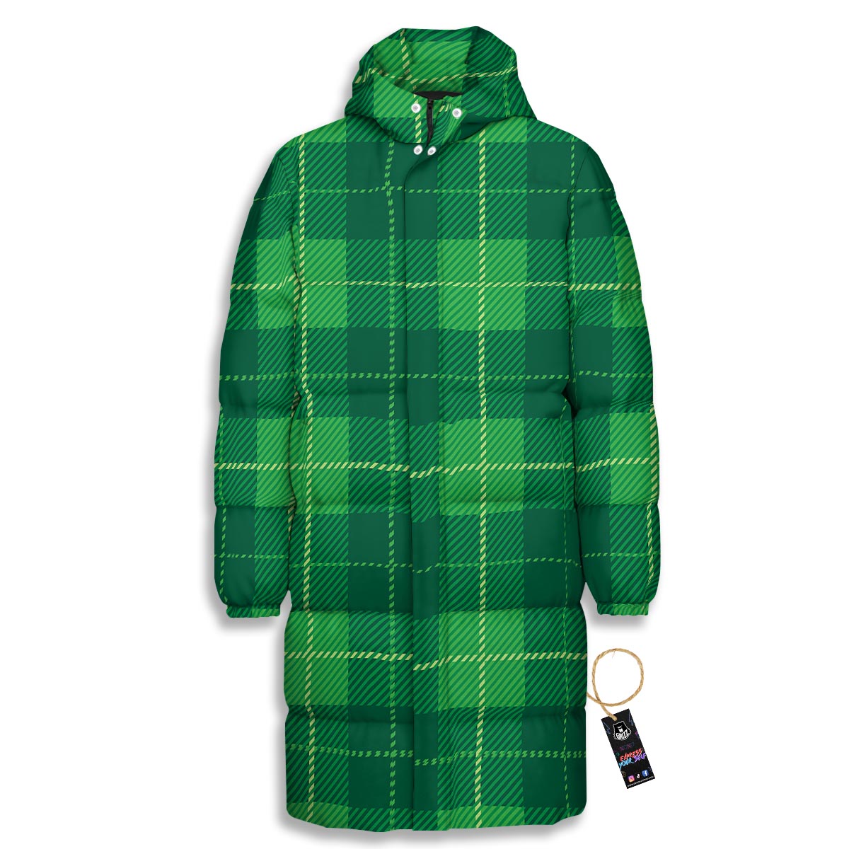 St. Patrick's Day Shamrock Tartan Print Pattern Long Down Jacket-grizzshop