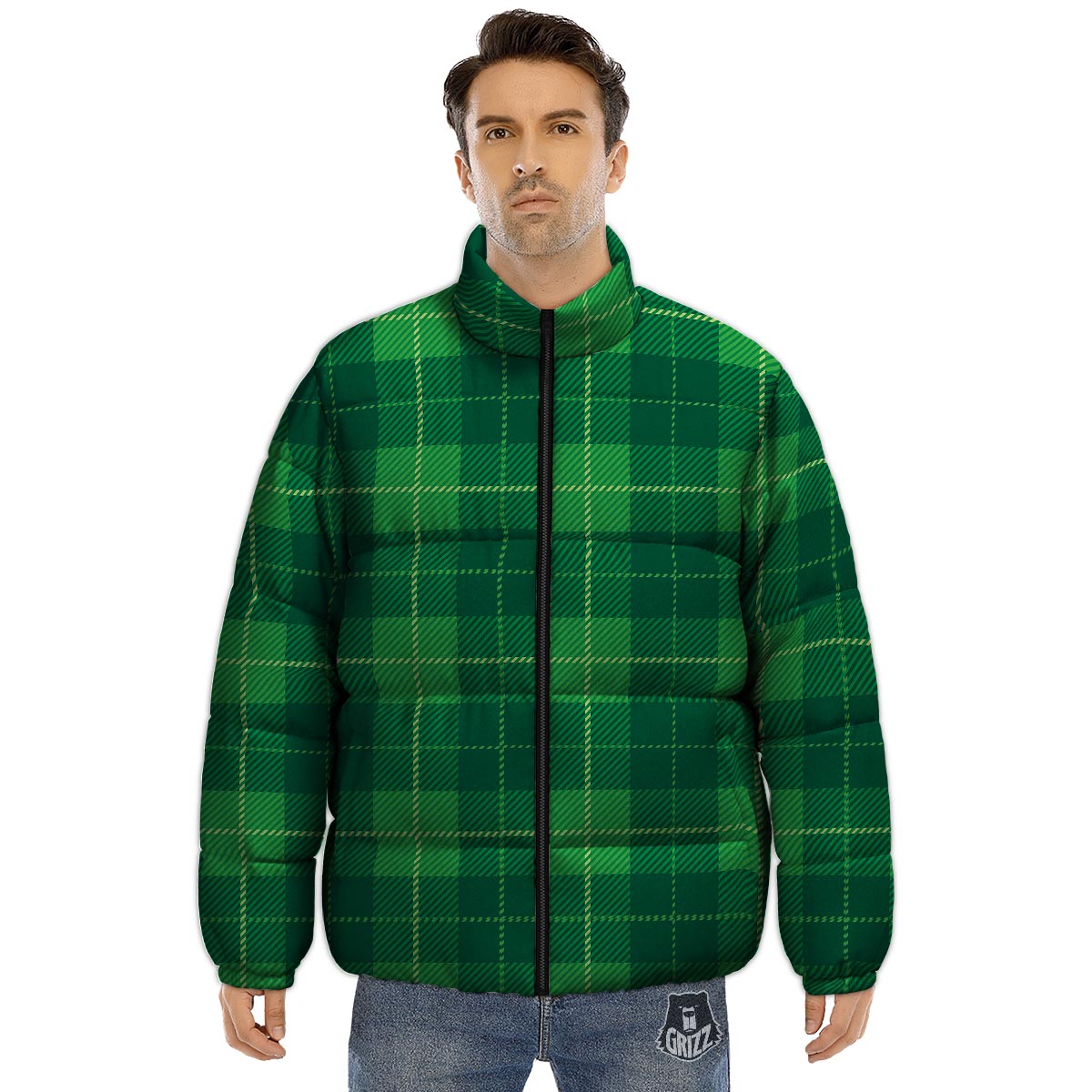 St. Patrick's Day Shamrock Tartan Print Pattern Puffer Jacket-grizzshop