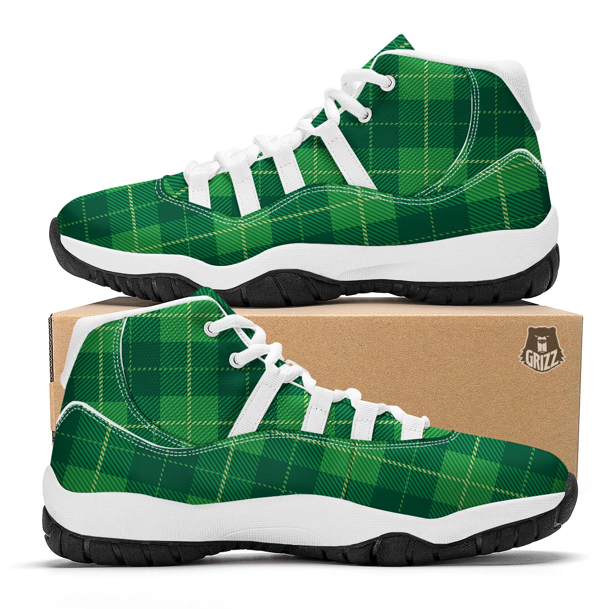 St. Patrick's Day Shamrock Tartan Print Pattern White Bball Shoes-grizzshop