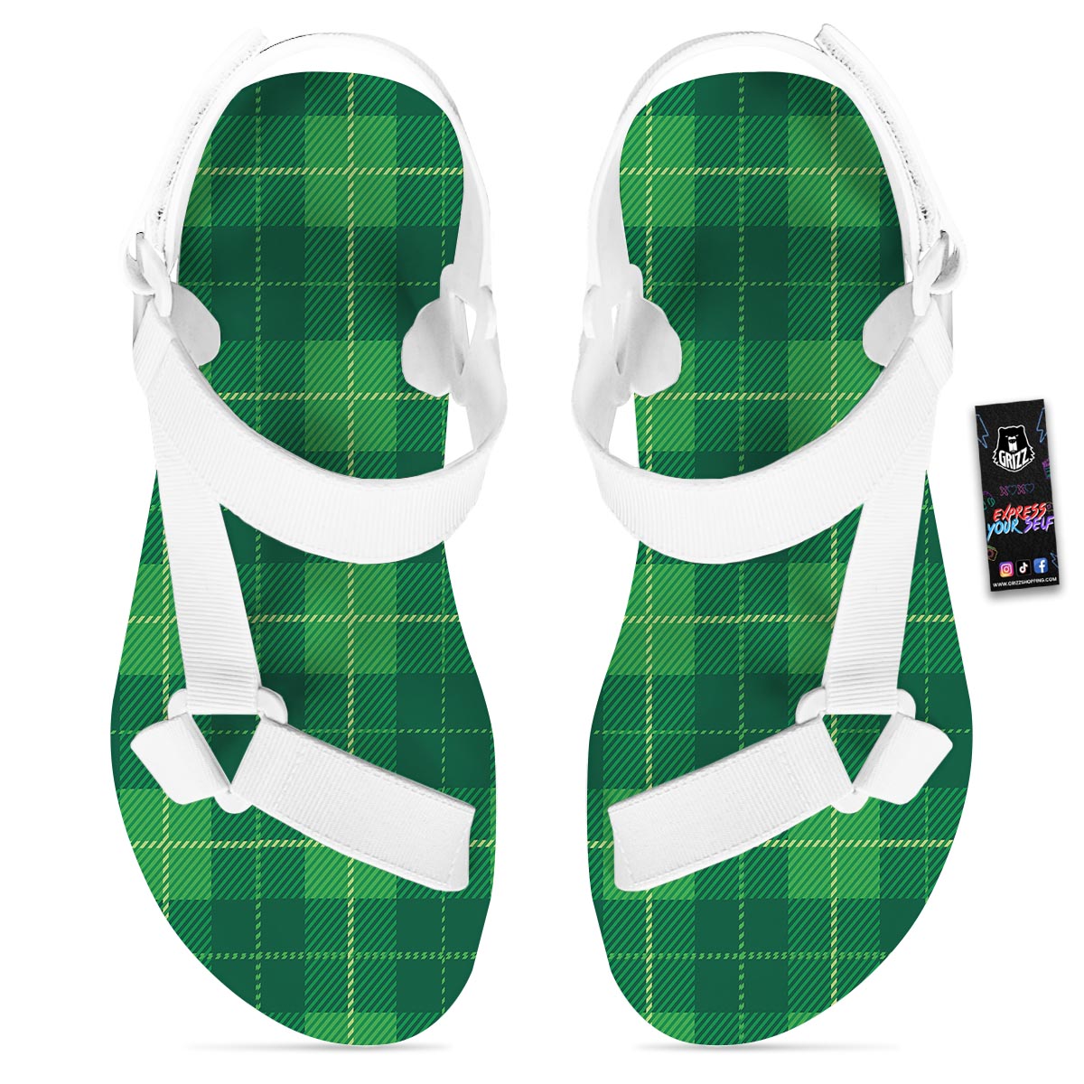 St. Patrick's Day Shamrock Tartan Print Pattern White Open Toe Sandals-grizzshop