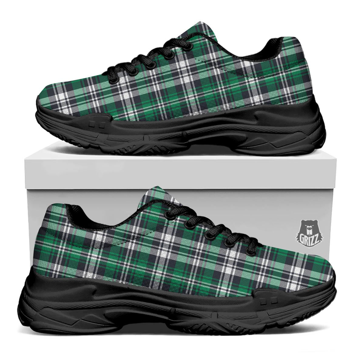 St. Patrick's Day Tartan Shamrock Print Pattern Black Chunky Shoes-grizzshop