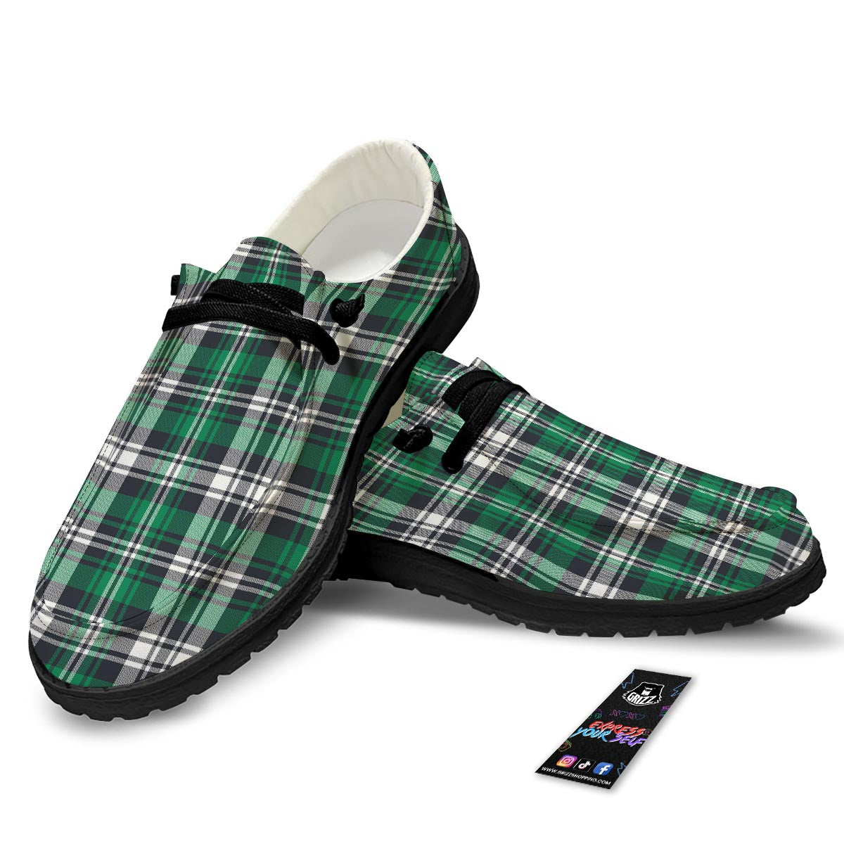 St. Patrick's Day Tartan Shamrock Print Pattern Black Loafers-grizzshop