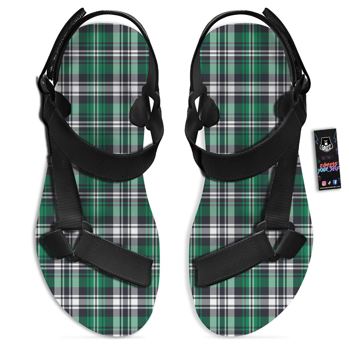 St. Patrick's Day Tartan Shamrock Print Pattern Black Open Toe Sandals-grizzshop