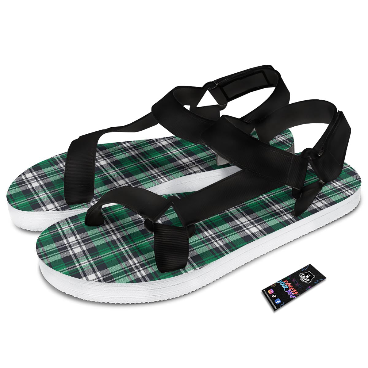 St. Patrick's Day Tartan Shamrock Print Pattern Black Open Toe Sandals-grizzshop