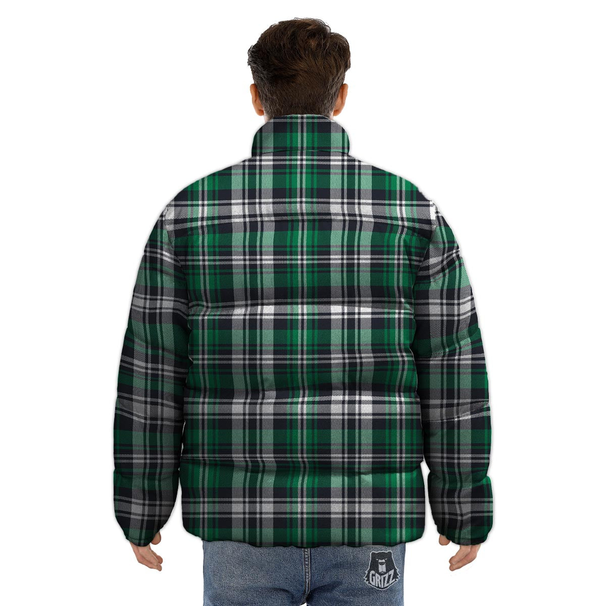 St. Patrick's Day Tartan Shamrock Print Pattern Puffer Jacket-grizzshop