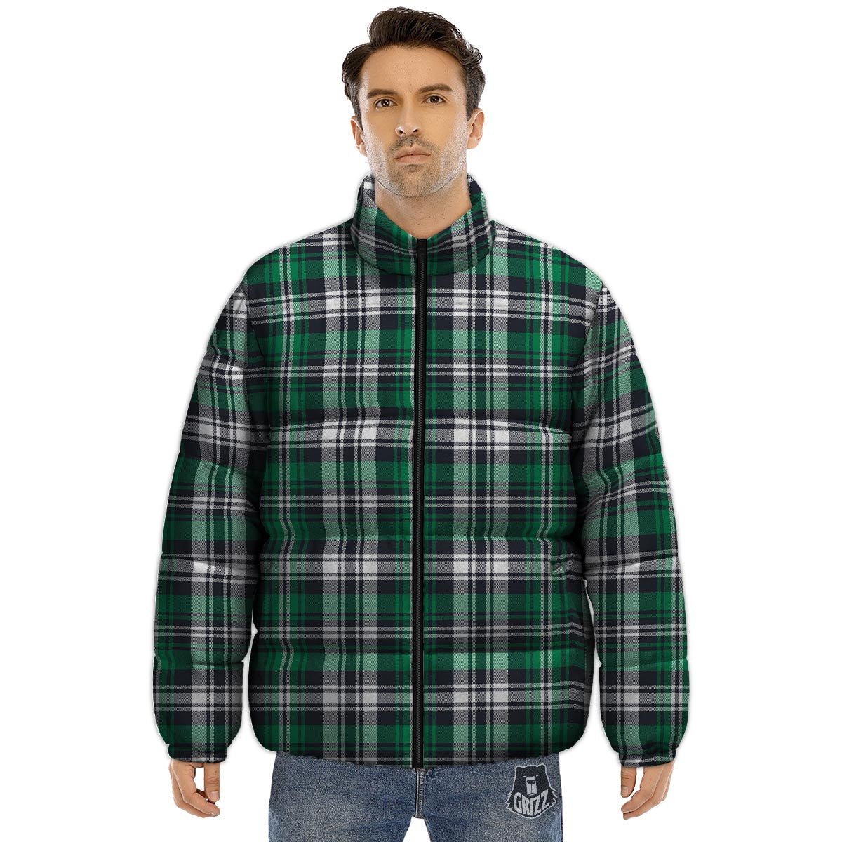 St. Patrick's Day Tartan Shamrock Print Pattern Puffer Jacket-grizzshop