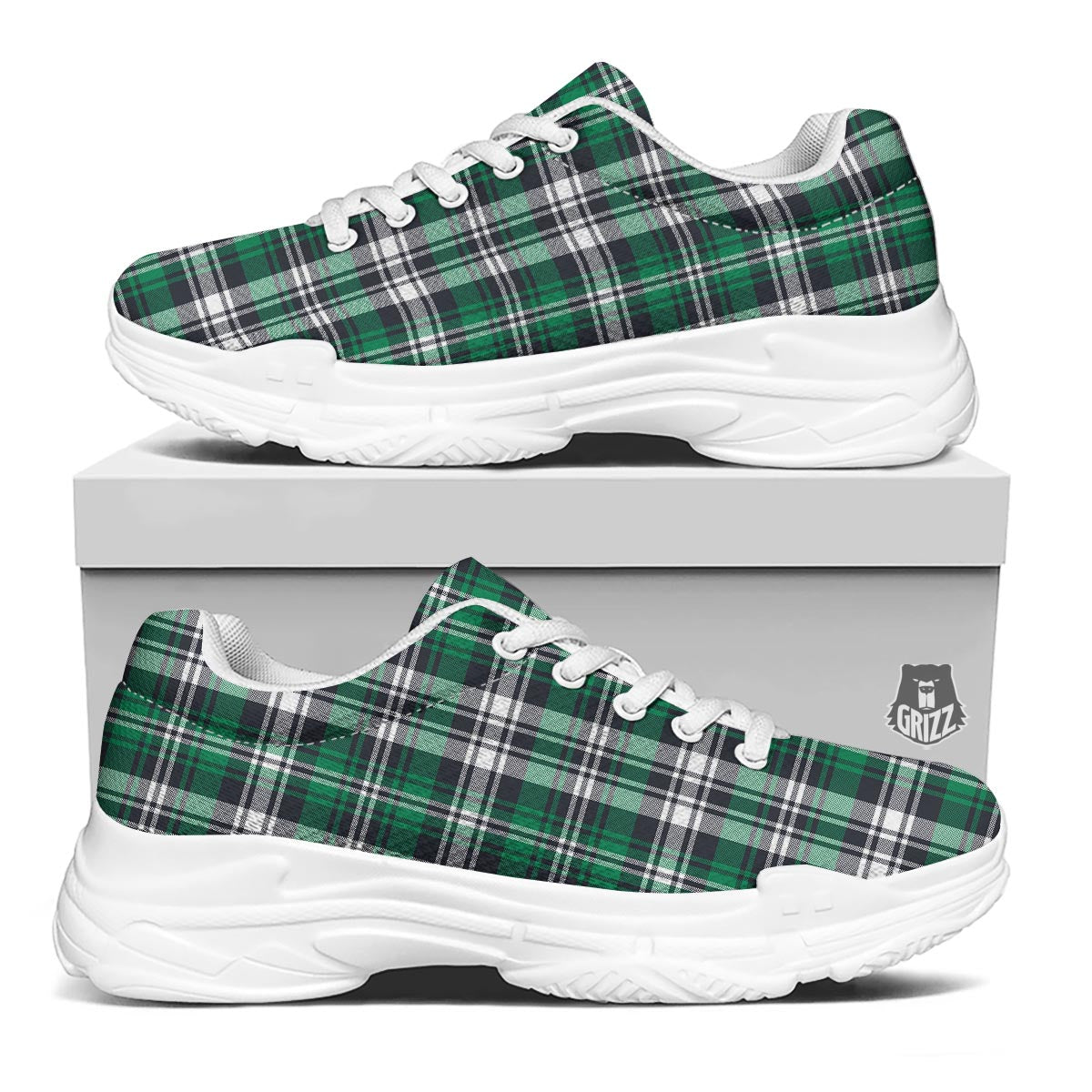 St. Patrick's Day Tartan Shamrock Print Pattern White Chunky Shoes-grizzshop