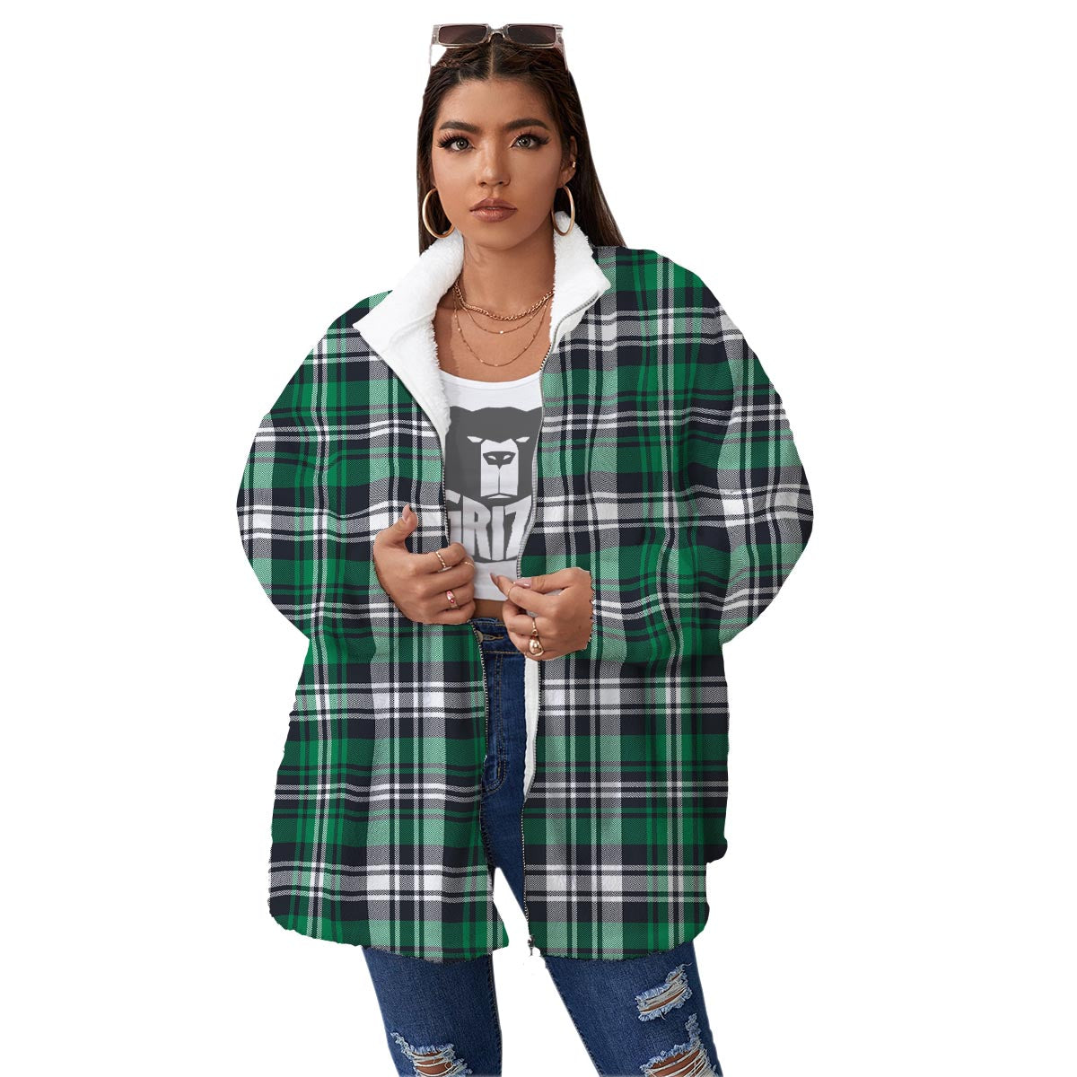 St. Patrick's Day Tartan Shamrock Print Pattern Women's Sherpa Jacket-grizzshop