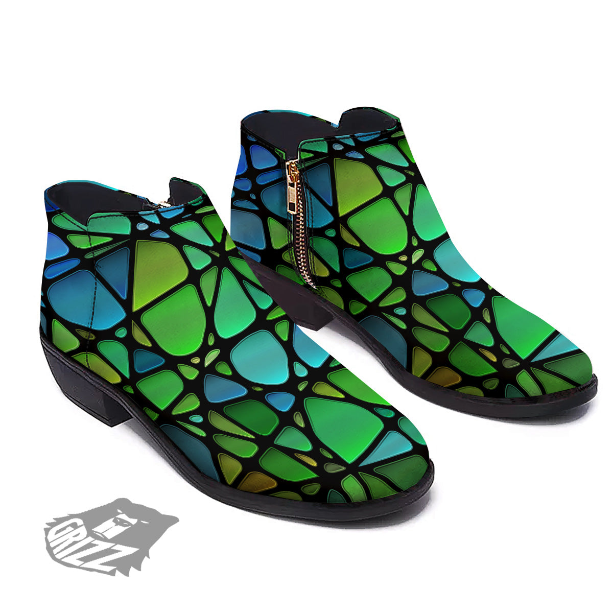 Stained Glass Green And Blue Print Ankle Boots-grizzshop