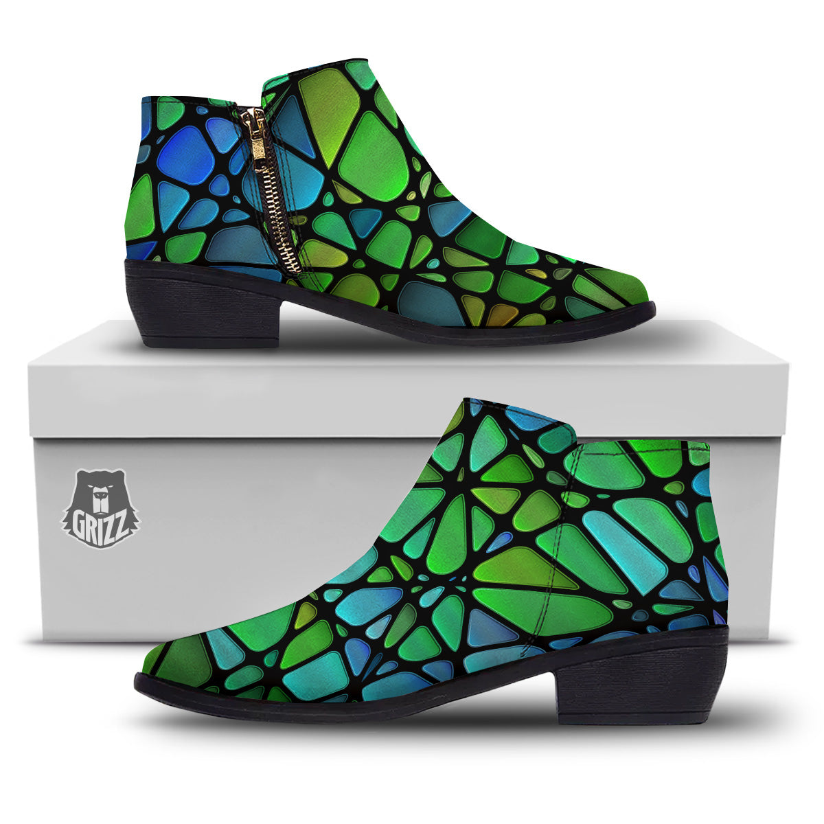Stained Glass Green And Blue Print Ankle Boots-grizzshop