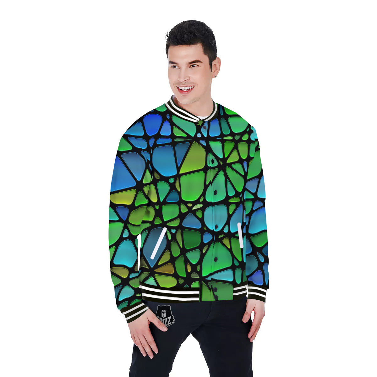 Stained Glass Green And Blue Print Baseball Jacket-grizzshop
