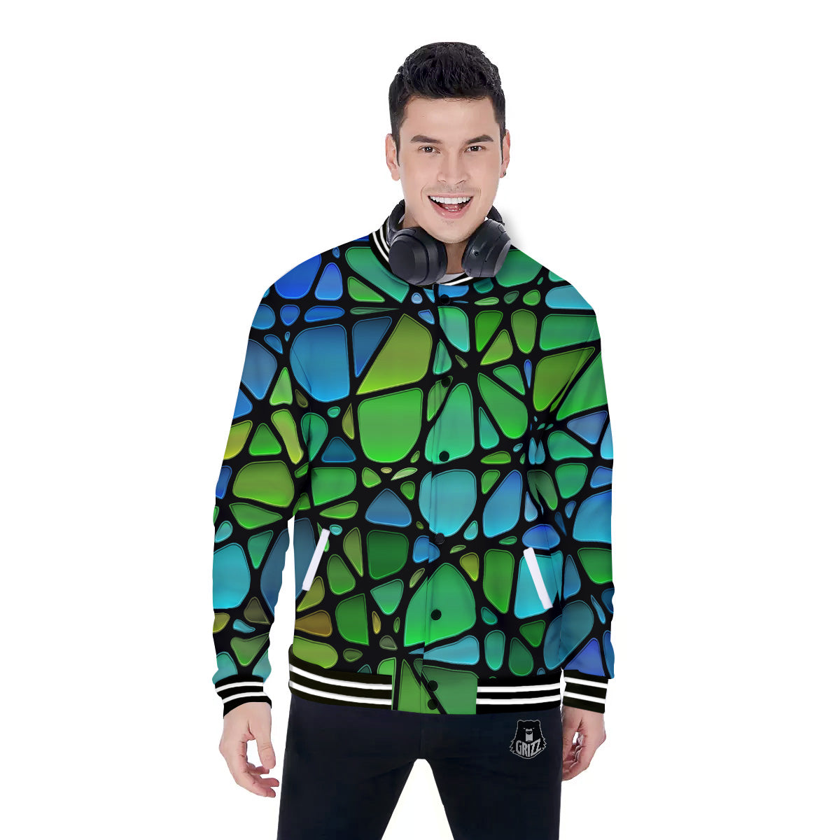 Stained Glass Green And Blue Print Baseball Jacket-grizzshop