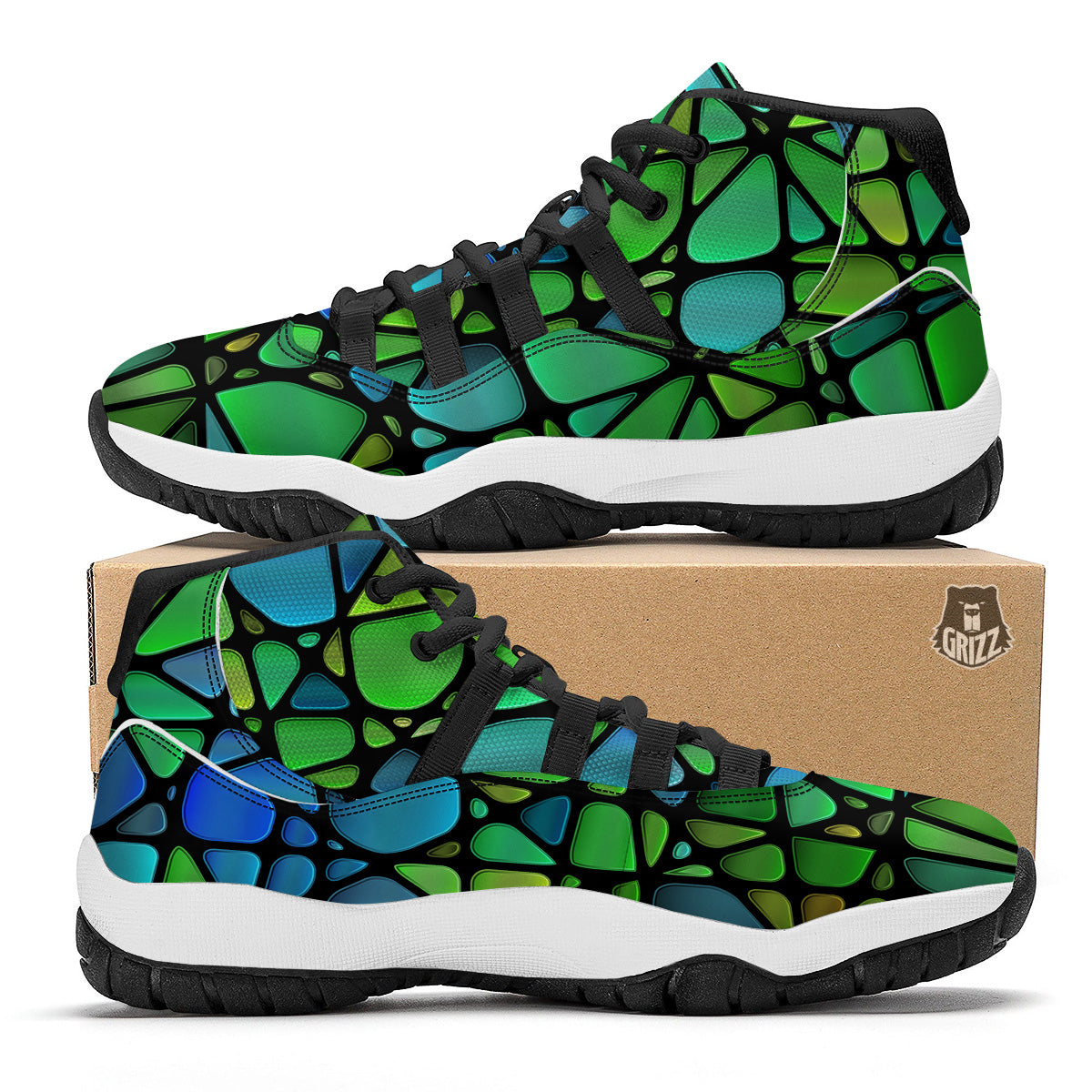Stained Glass Green And Blue Print Black Bball Shoes-grizzshop