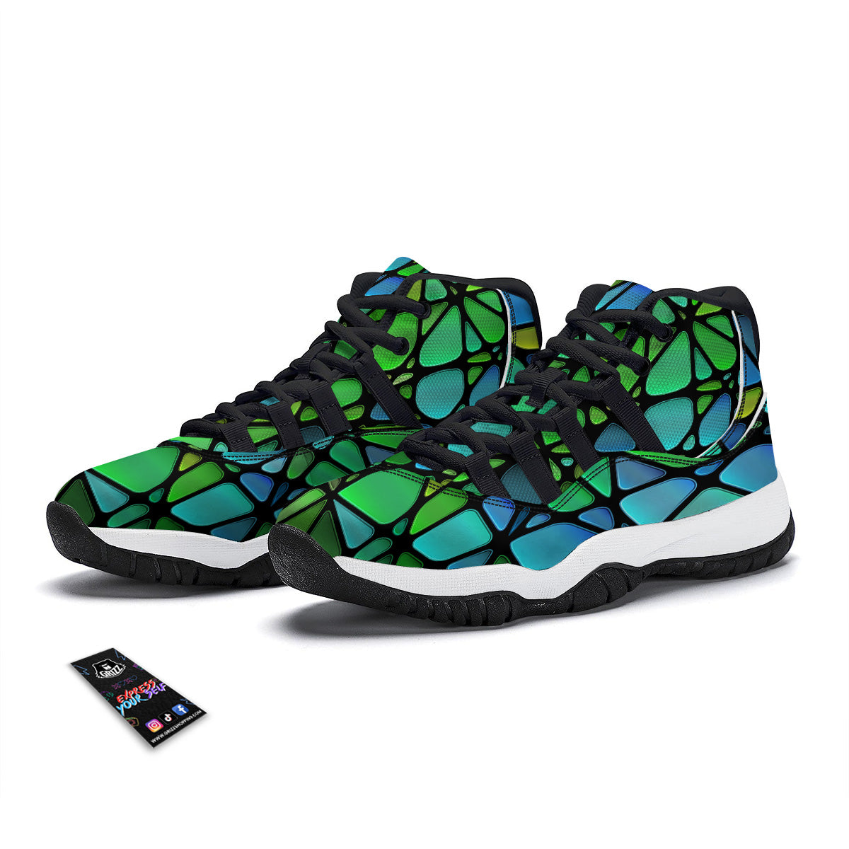 Stained Glass Green And Blue Print Black Bball Shoes-grizzshop