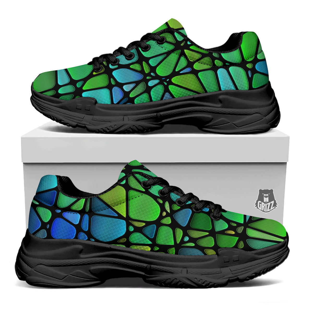 Stained Glass Green And Blue Print Black Chunky Shoes-grizzshop