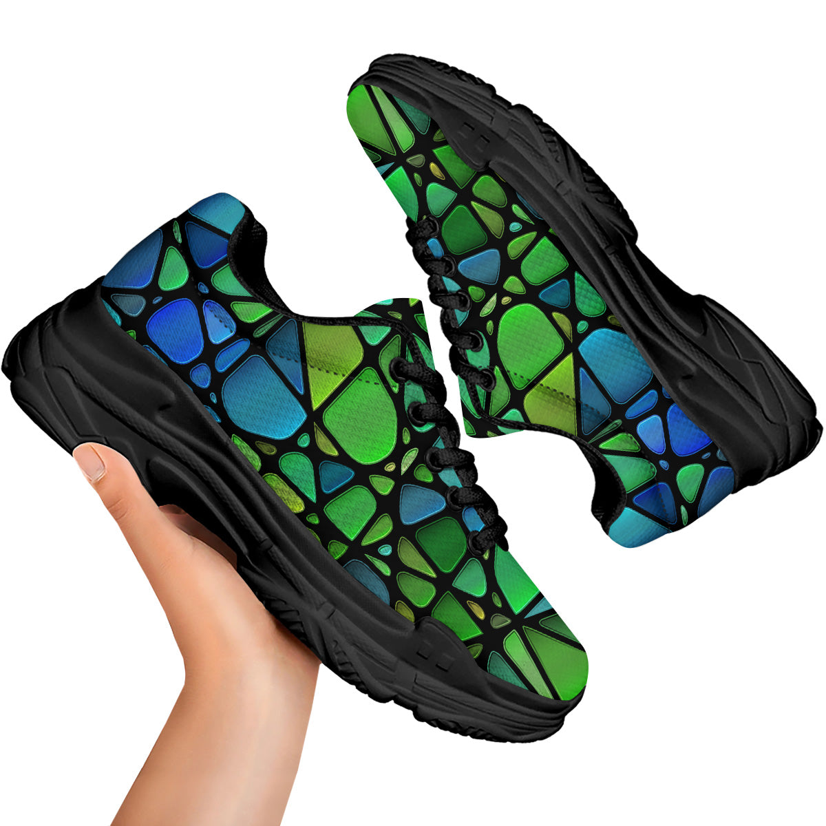 Stained Glass Green And Blue Print Black Chunky Shoes-grizzshop
