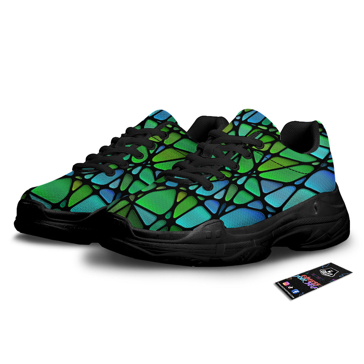 Stained Glass Green And Blue Print Black Chunky Shoes-grizzshop