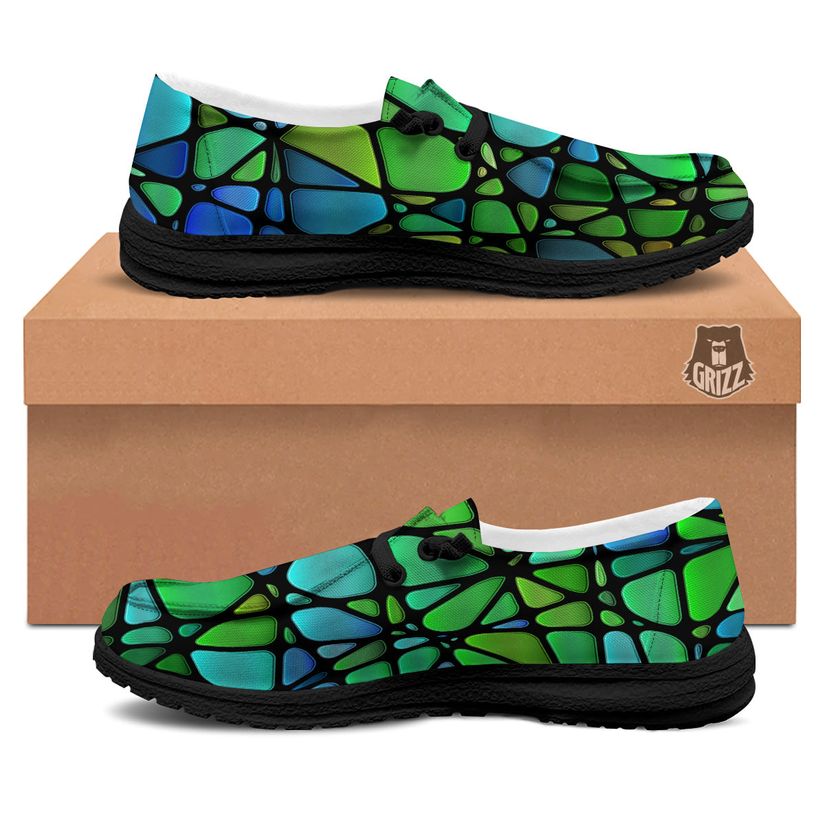 Stained Glass Green And Blue Print Black Loafers-grizzshop