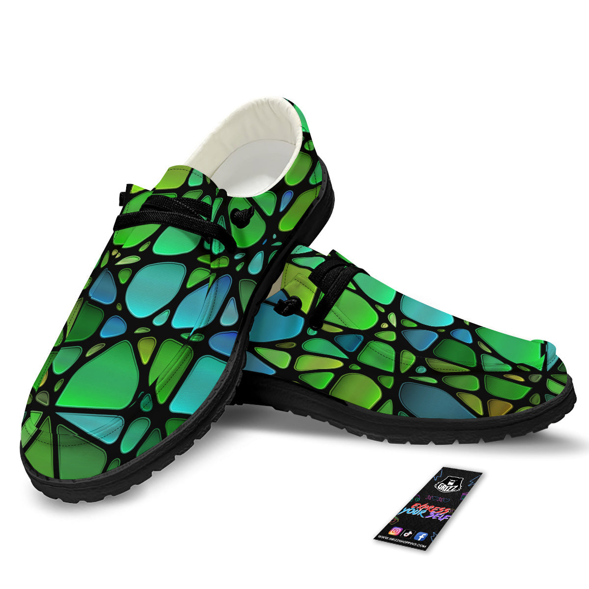 Stained Glass Green And Blue Print Black Loafers-grizzshop